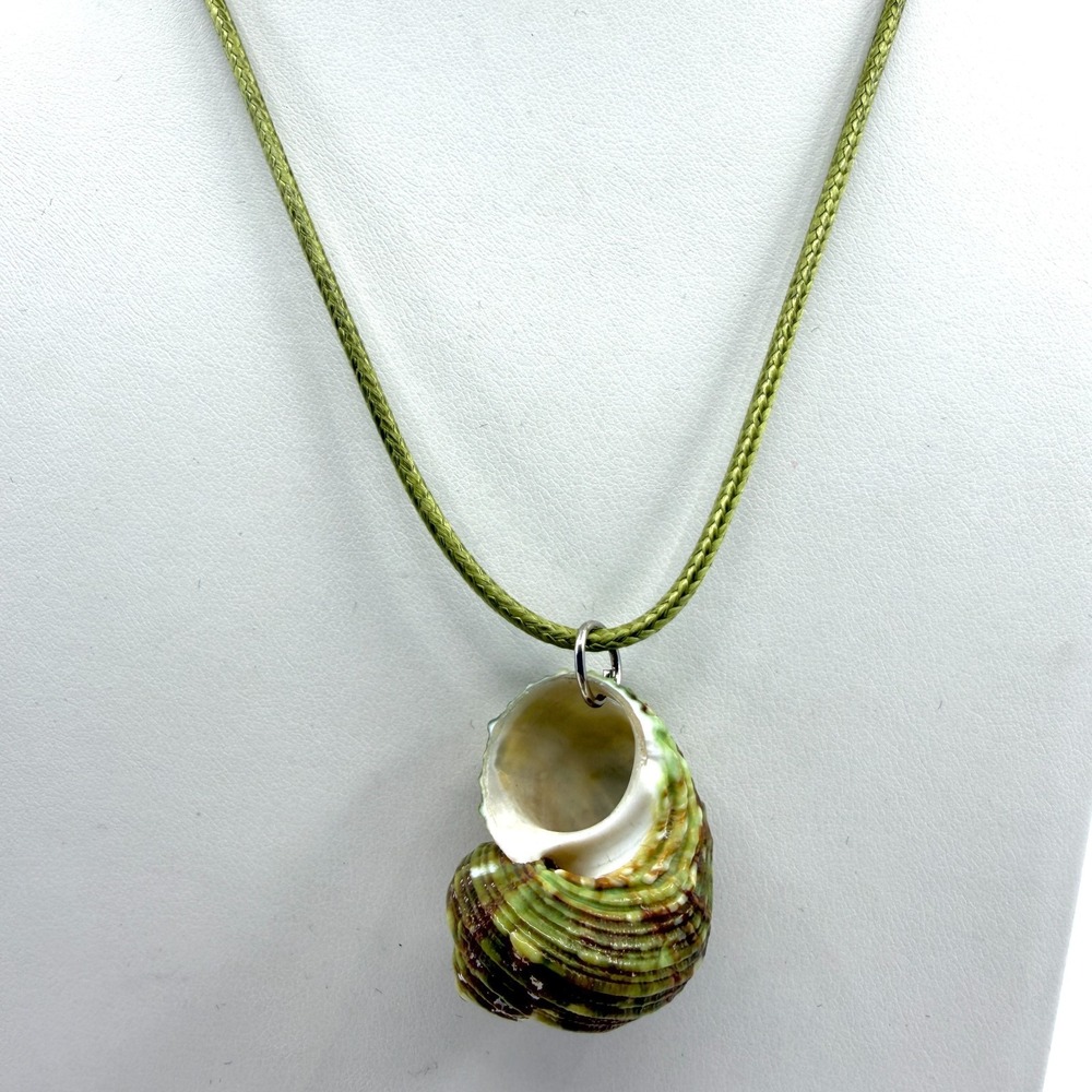 Green Spiral Sea Shell Pendant Necklace Woven Cord Bohemian Beach Summer Gift